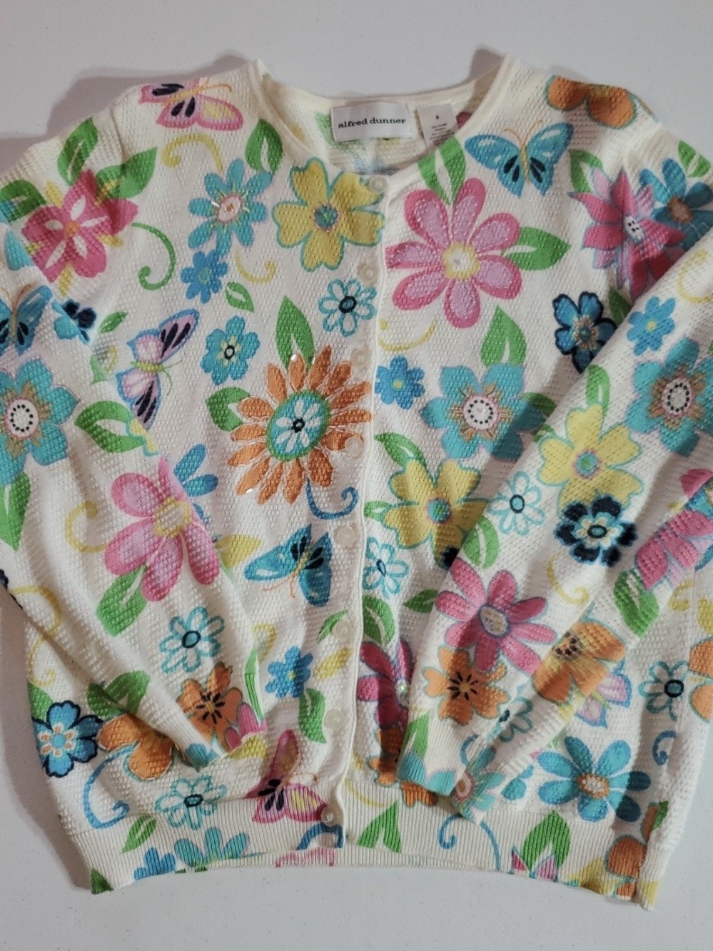 Alfred Dunner Sm Floral Butterfly Cardigan Ivory with Multicolor Flowers